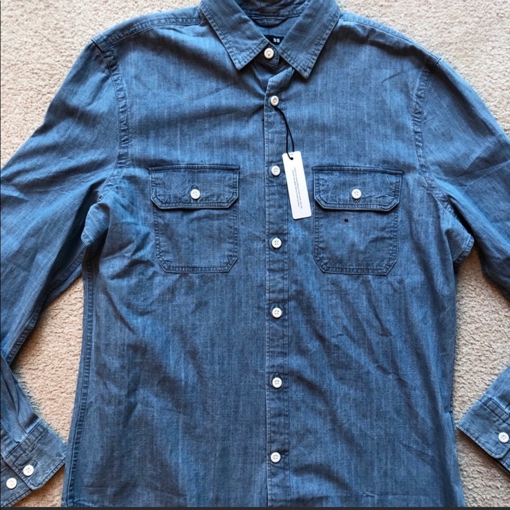 Express Soft Denim Button-Down Shirt Blue Pockets